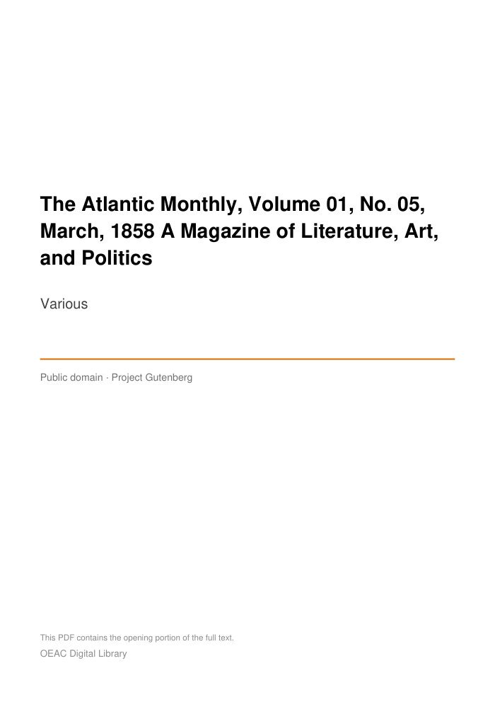 The Atlantic Monthly, Volume 01, No. 05, March, 1858 A Magazine of Literature, Art, and Politics — cover