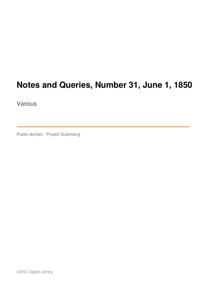 Notes and Queries, Number 31, June 1, 1850 cover