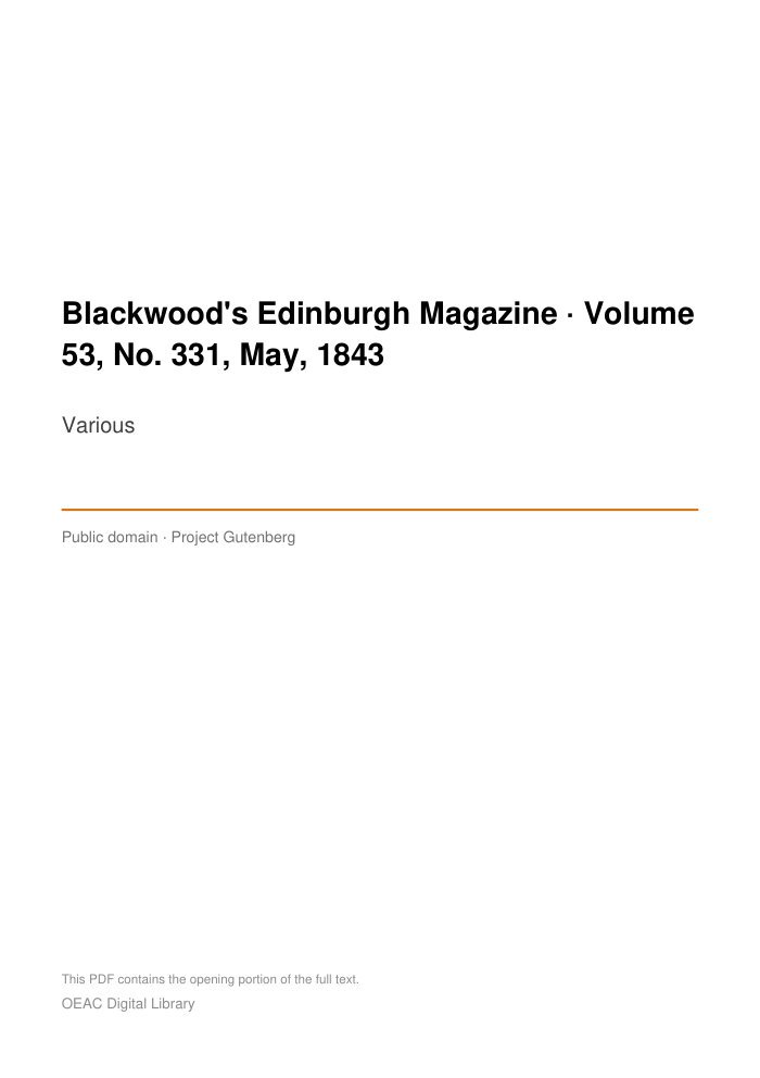 Blackwood's Edinburgh Magazine — Volume 53, No. 331, May, 1843 cover