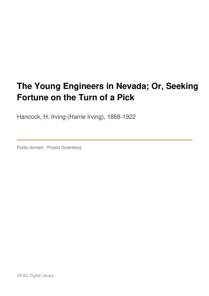 The Young Engineers in Nevada; Or, Seeking Fortune on the Turn of a Pick — cover