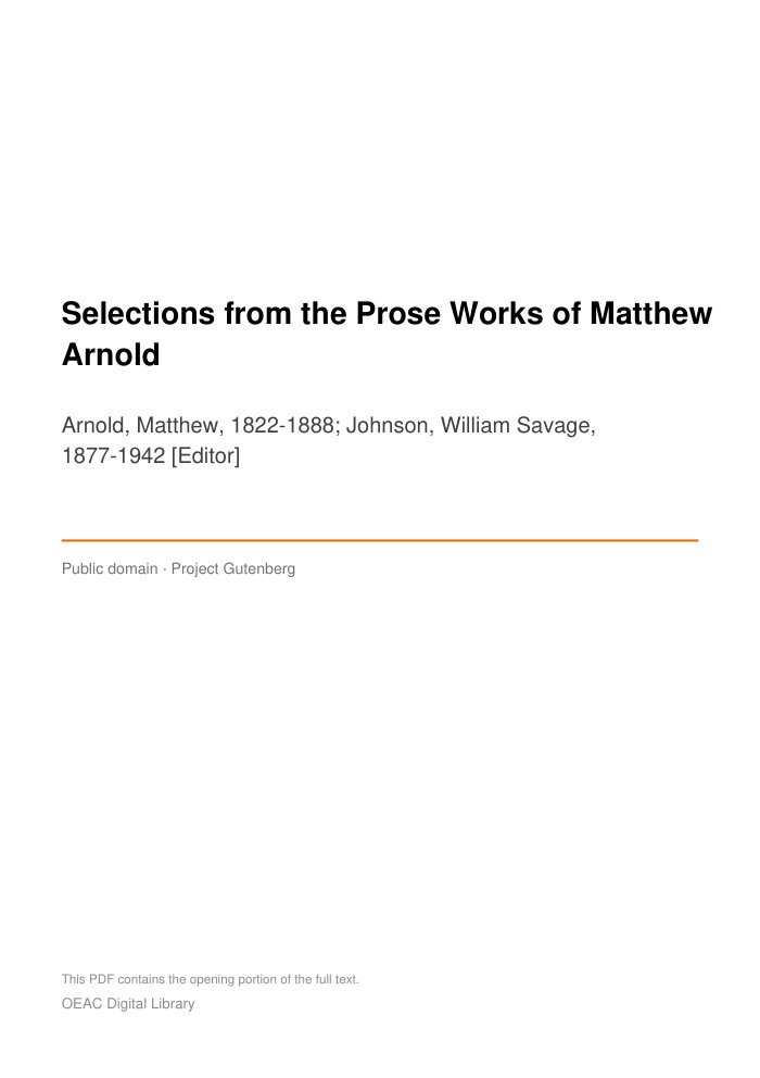Selections from the Prose Works of Matthew Arnold cover