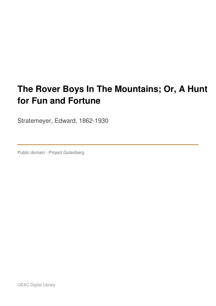 The Rover Boys In The Mountains; Or, A Hunt for Fun and Fortune — cover