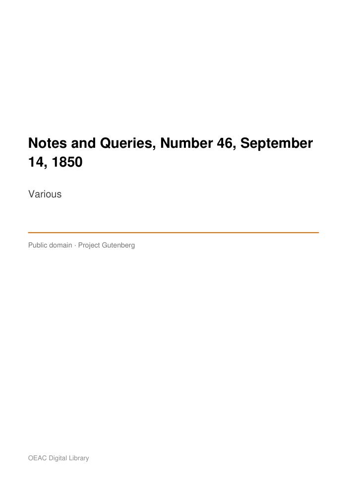 Notes and Queries, Number 46, September 14, 1850 cover