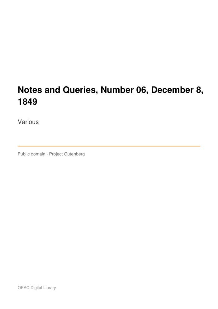 Notes and Queries, Number 06, December 8, 1849 cover