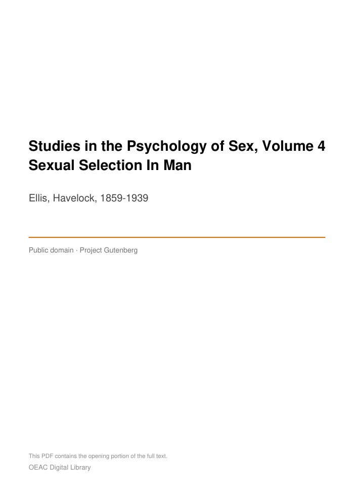 Studies in the Psychology of Sex, Volume 4 Sexual Selection In Man — cover