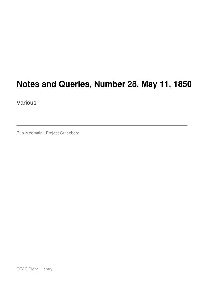 Notes and Queries, Number 28, May 11, 1850 cover