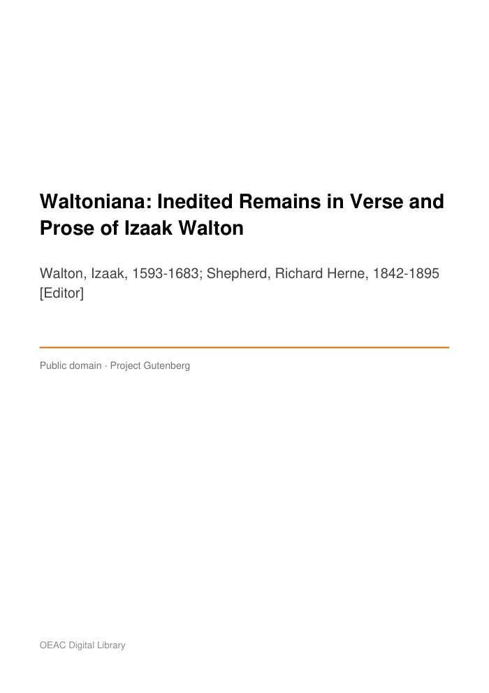 Waltoniana: Inedited Remains in Verse and Prose of Izaak Walton cover