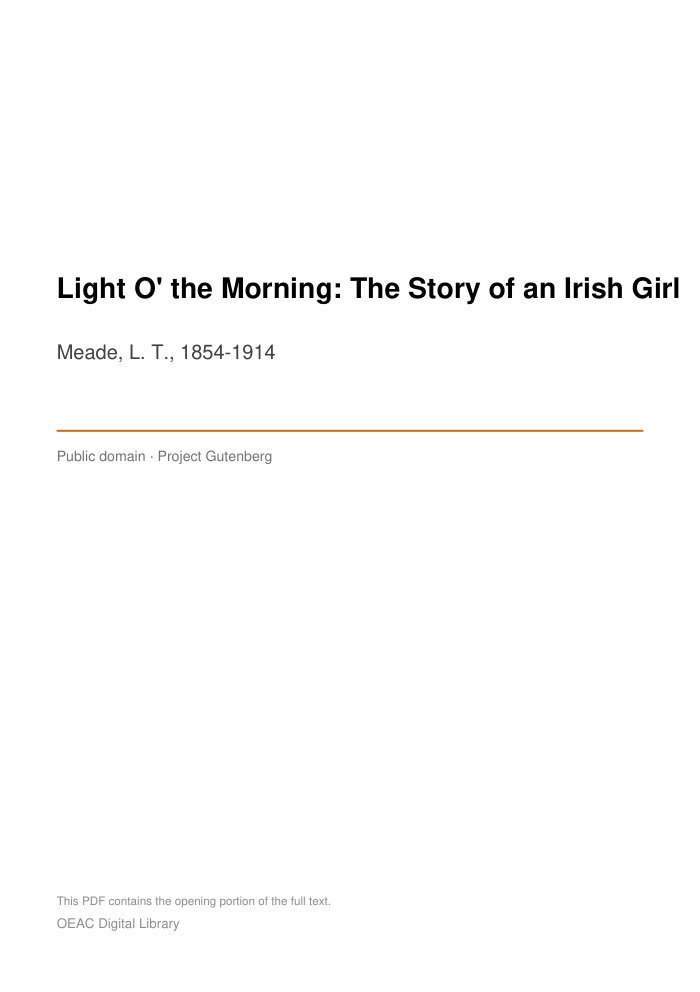 Light O' the Morning: The Story of an Irish Girl — cover
