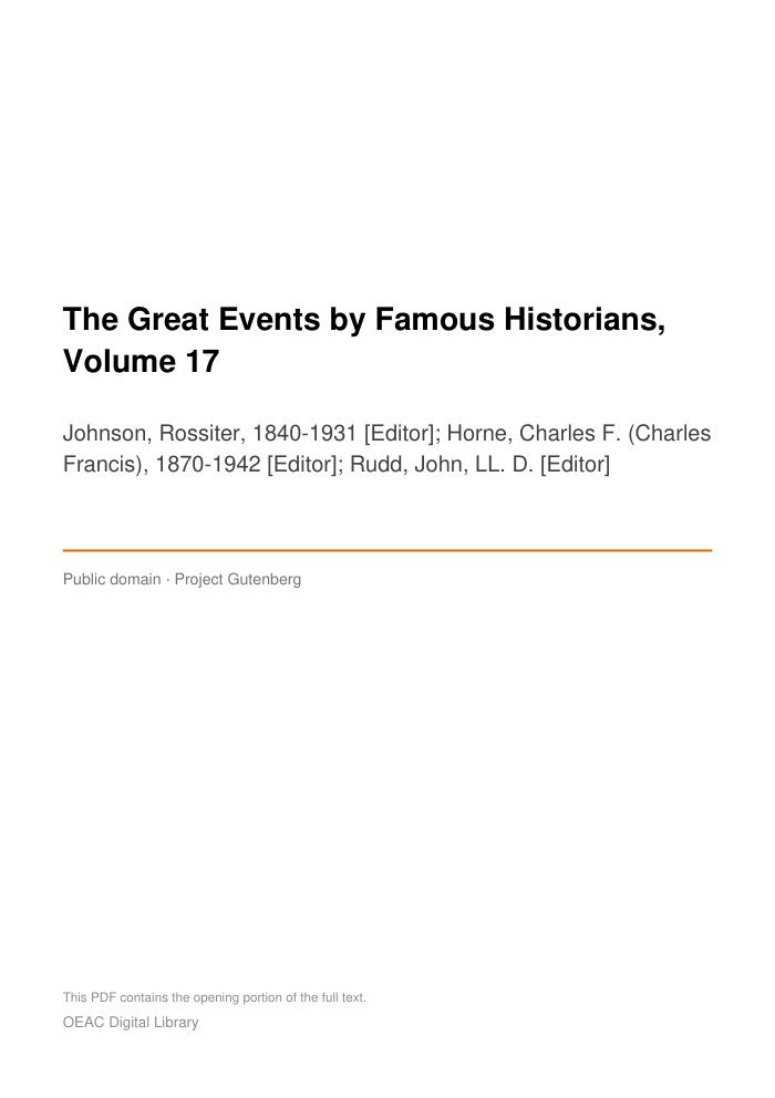 The Great Events by Famous Historians, Volume 17 cover