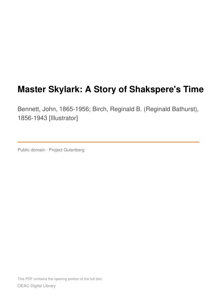 Master Skylark: A Story of Shakspere's Time cover